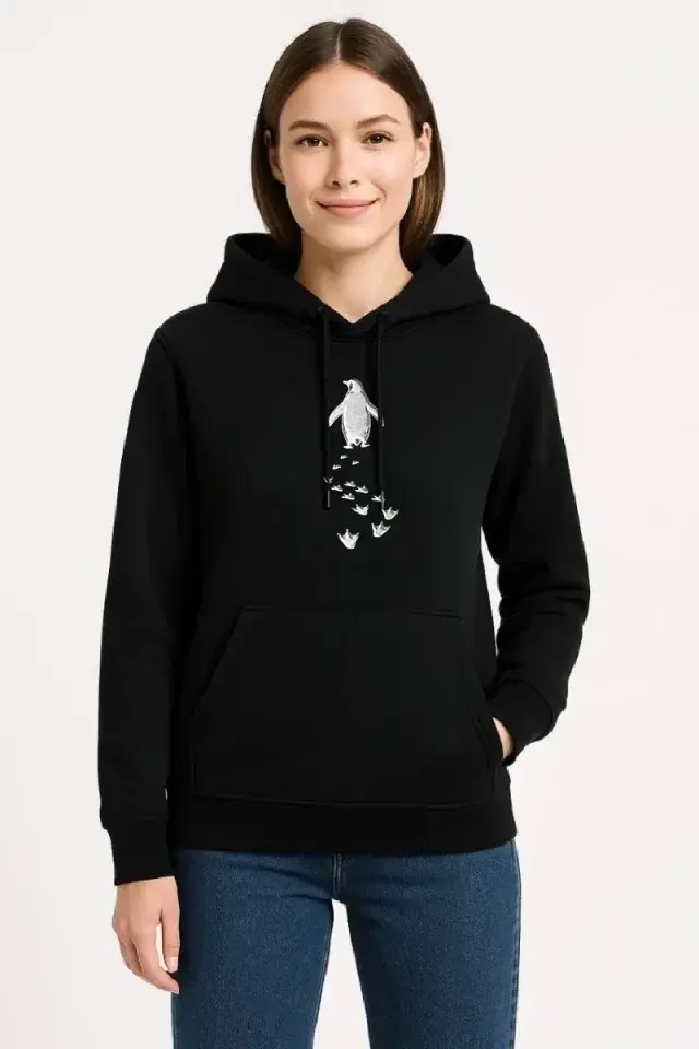 Nihilist Penguen Temalı Oversize Kapüşonlu Sweatshirt - Siyah