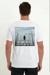 Erkek Oversize Tişört - Sırt Baskılı Survivor Penguin Temalı, Felsefi Yazılı Bisiklet Yaka Tişört - Beyaz-1