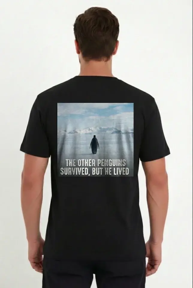 Erkek Oversize Tişört - Sırt Baskılı Survivor Penguin Temalı, Felsefi Yazılı Bisiklet Yaka Tişört - Siyah-2