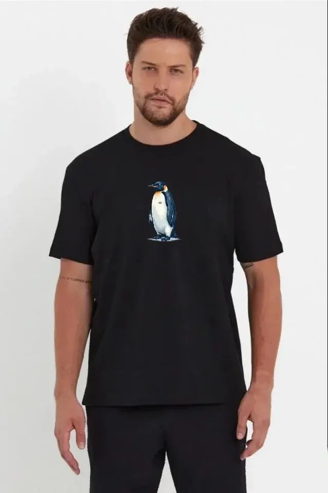 Erkek Oversize Tişört - Sırt Baskılı Survivor Penguin Temalı, Felsefi Yazılı Bisiklet Yaka Tişört - Siyah