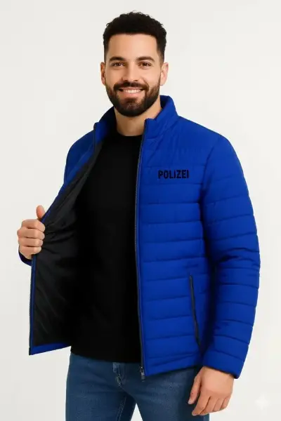 Erkek Mikro Su İtici Kapitone Baskılı Astarlı Fermuarlı Bomber Mont - Saks Mavisi