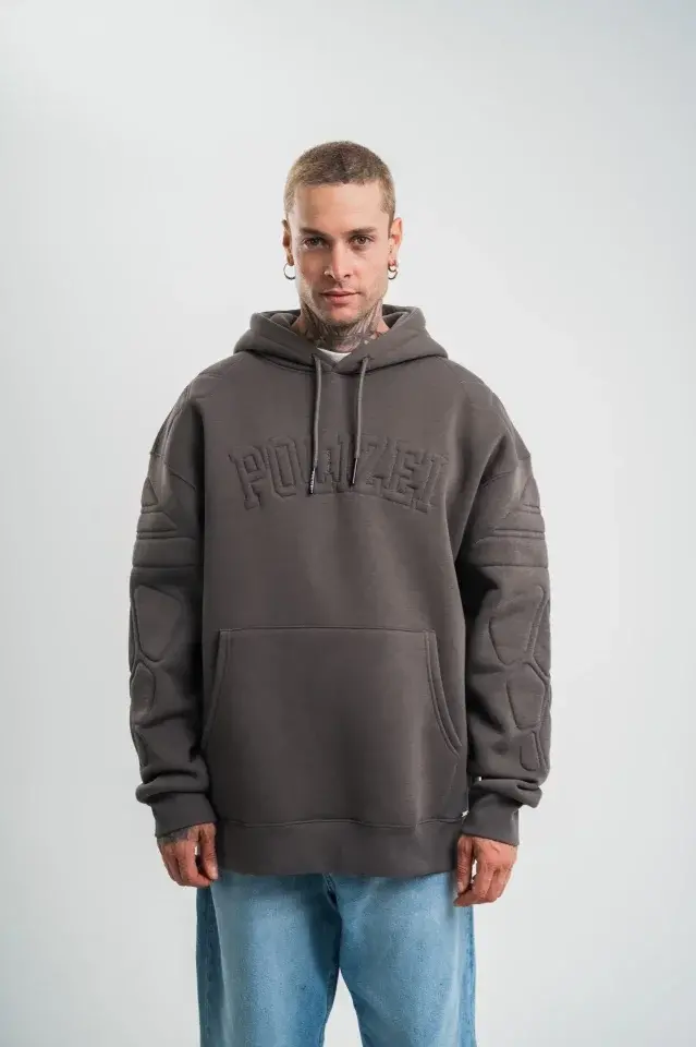 Erkek Nakış İşlemeli Kapşonlu Antrasit Sweatshirt Üç İplik Double Oversize- Füme