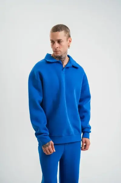 Erkek Patlı Yaka Üç İplik Pamuklu Sweatshirt Double Oversize Rahat Kalıp Günlük Kullanım - Mavi