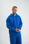 Erkek Patlı Yaka Üç İplik Pamuklu Sweatshirt Double Oversize Rahat Kalıp Günlük Kullanım - Mavi-2