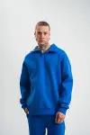 Erkek Patlı Yaka Üç İplik Pamuklu Sweatshirt Double Oversize Rahat Kalıp Günlük Kullanım - Mavi-3