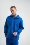 Erkek Patlı Yaka Üç İplik Pamuklu Sweatshirt Double Oversize Rahat Kalıp Günlük Kullanım - Mavi-4