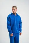 Erkek Patlı Yaka Üç İplik Pamuklu Sweatshirt Double Oversize Rahat Kalıp Günlük Kullanım - Mavi-1