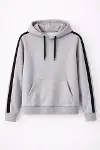 Erkek Şeritli Kapüşonlu Sweatshirt Oversize 3 Iplik Pamuklu - Gri-2