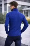 Erkek Balıkcı Yaka Bağazlı Triko Kazak Pamuklu Kalın Fitilli Dokuma, Regular Fit Uzun Kollu Kışlık Model - İndigo-2
