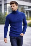 Erkek Balıkcı Yaka Bağazlı Triko Kazak Pamuklu Kalın Fitilli Dokuma, Regular Fit Uzun Kollu Kışlık Model - İndigo-3