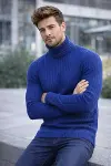 Erkek Balıkcı Yaka Bağazlı Triko Kazak Pamuklu Kalın Fitilli Dokuma, Regular Fit Uzun Kollu Kışlık Model - İndigo-4