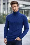 Erkek Balıkcı Yaka Bağazlı Triko Kazak Pamuklu Kalın Fitilli Dokuma, Regular Fit Uzun Kollu Kışlık Model - İndigo-1