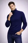 Erkek Balıkcı Yaka Bağazlı Triko Kazak Pamuklu Kalın Fitilli Dokuma, Regular Fit Uzun Kollu Kışlık Model - Lacivert-2