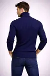 Erkek Balıkcı Yaka Bağazlı Triko Kazak Pamuklu Kalın Fitilli Dokuma, Regular Fit Uzun Kollu Kışlık Model - Lacivert-3