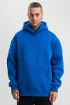 Erkek Saks Mavi Double Oversize 3 İplik Pamuklu Kapüşonlu Kanguru Cepli Sweatshirt Hoodie - Saks Mavi-1