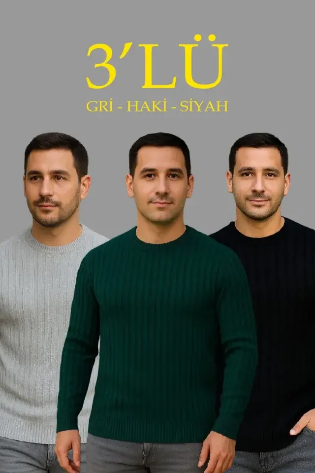 Erkek Fitilli Triko Kazak 3lü Set Gri Haki Siyah Regular Fit Bisiklet Yaka Triko Seti Modeli Kazak-1 Erkek Fitilli Triko Kazak 3lü Set Gri Haki Siyah Regular Fit Bisiklet Yaka Triko Seti Modeli Kazak-1