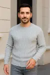 Erkek Fitilli Triko Kazak 3lü Set Gri Haki Siyah Regular Fit Bisiklet Yaka Triko Seti Modeli Kazak-2