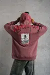 Erkek Ön Ve Arka Baskılı Kapüşonlu 3 İplik Sweatshirt - Gül Kurusu-2