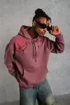 Erkek Ön Ve Arka Baskılı Kapüşonlu 3 İplik Sweatshirt - Gül Kurusu-1