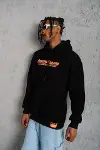 Erkek Armalı Baskılı Kapüşonlu Sweatshirt - Siyah-1