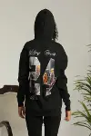 Baskılı Oversize Üç İplik Kapüşonlu Sweatshirt - Siyah-1