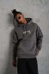 Erkek Baskılı Kapüşonlu Ve Kanguru Cepli Sweat- Gri-2