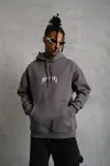 Erkek Baskılı Kapüşonlu Ve Kanguru Cepli Sweat- Gri-4