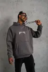 Erkek Baskılı Kapüşonlu Ve Kanguru Cepli Sweat- Gri-1