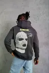 Erkek Kordonlu Maske Baskılı Kapşonlu Sweat - Gri-1