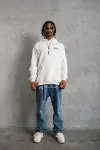 Erkek Kol Ve Etek Ribana Baskılı Kapüşonlu Sweat - Beyaz-4
