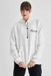Kapüşonlu Sırt Baskılı Üç İplik Oversize Sweatshirt - Beyaz-1