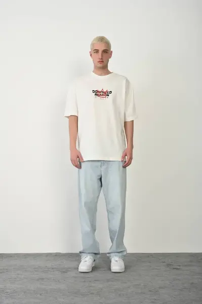 Unisex Bisiklet Yaka Baskılı Oversize T-Shirt - Beyaz
