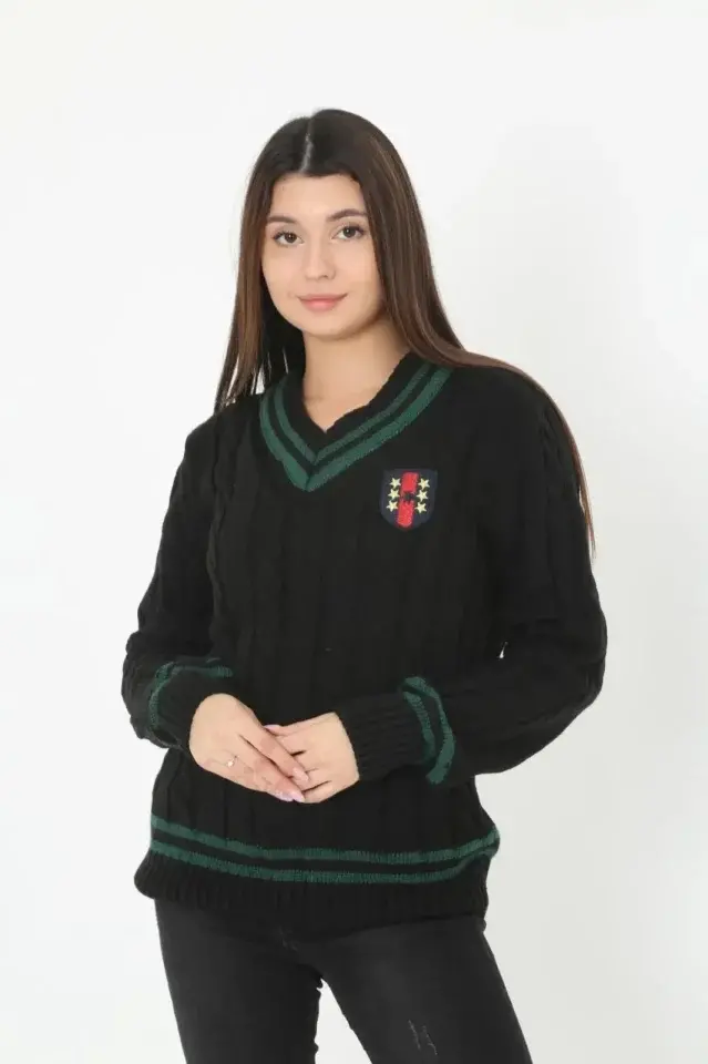 V Yaka Örgülü Kazak - Siyah-1 V Yaka Örgülü Kazak - Siyah-1