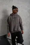 Erkek Üç İplik Baskılı Kapüşonlu Sweat - Gri-4