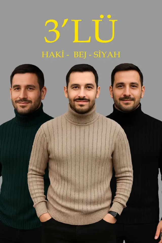 Erkek Fitilli Triko Kazak 3lÜ Set Bej Haki Siyah Regular Balıkcı Yaka Tam Boğazlı Triko Seti Modeli Kazak