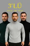 Erkek Fitilli Triko Kazak 3lÜ Set Gri Haki Siyah Regular Balıkcı Yaka Tam Boğazlı Triko Seti Modeli Kazak-1