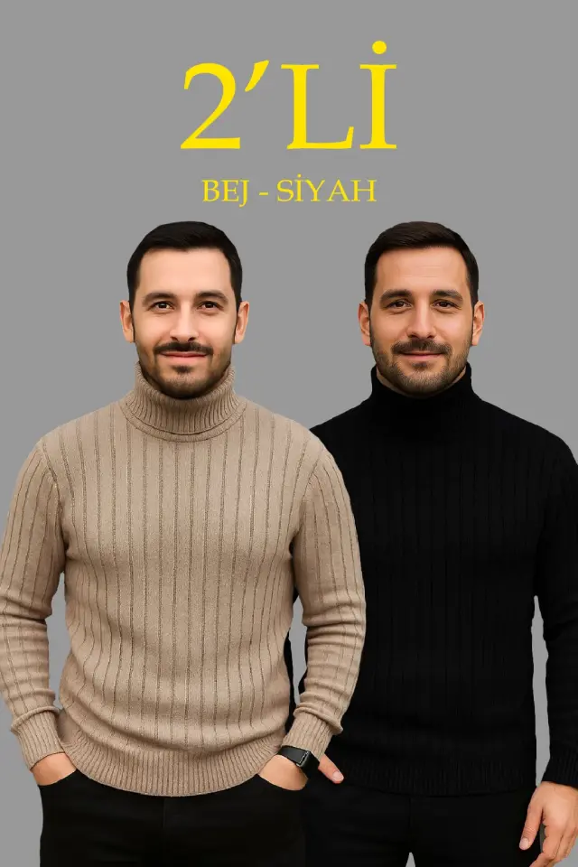 Erkek Fitilli Triko Kazak 2li Set Bej Siyah Regular Balıkcı Yaka Tam Boğazlı Triko Seti Modeli Kazak-1 Erkek Fitilli Triko Kazak 2li Set Bej Siyah Regular Balıkcı Yaka Tam Boğazlı Triko Seti Modeli Kazak-1