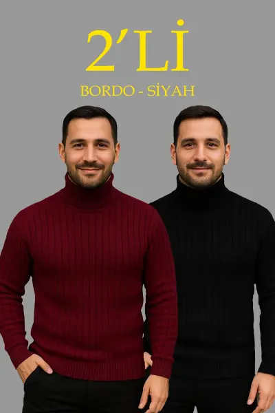 Erkek Fitilli Triko Kazak 2li Set Bordo Siyah Regular Balıkcı Yaka Tam Boğazlı Triko Seti Modeli Kazak