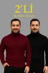 Erkek Fitilli Triko Kazak 2li Set Bordo Siyah Regular Balıkcı Yaka Tam Boğazlı Triko Seti Modeli Kazak-1