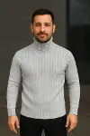 Erkek Fitilli Triko Kazak 2li Set Gri Siyah Regular Balıkcı Yaka Tam Boğazlı Triko Seti Modeli Kazak-3