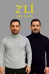 Erkek Fitilli Triko Kazak 2li Set Gri Siyah Regular Balıkcı Yaka Tam Boğazlı Triko Seti Modeli Kazak-1