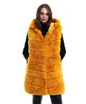 Kapşonlu Peluş Kürk Yelek Premium Kalite, Tam Astarlı, Uzun Model - Sarı-4