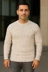 Erkek Bisiklet Yuvarlak Yaka Triko Kazak Pamuklu Kalın Fitilli Dokuma, Regular Fit Uzun Kollu Kışlık Model - Bej-2