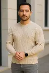 Erkek Bisiklet Yuvarlak Yaka Triko Kazak Pamuklu Kalın Fitilli Dokuma, Regular Fit Uzun Kollu Kışlık Model - Bej-3