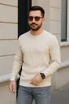 Erkek Bisiklet Yuvarlak Yaka Triko Kazak Pamuklu Kalın Fitilli Dokuma, Regular Fit Uzun Kollu Kışlık Model - Bej-1