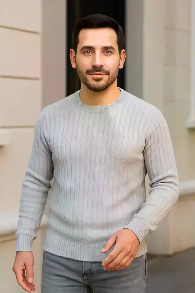 Erkek Bisiklet Yuvarlak Yaka Triko Kazak Pamuklu Kalın Fitilli Dokuma, Regular Fit Uzun Kollu Kışlık Model - Gri