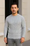 Erkek Bisiklet Yuvarlak Yaka Triko Kazak Pamuklu Kalın Fitilli Dokuma, Regular Fit Uzun Kollu Kışlık Model - Gri-3