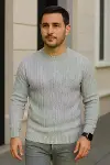 Erkek Bisiklet Yuvarlak Yaka Triko Kazak Pamuklu Kalın Fitilli Dokuma, Regular Fit Uzun Kollu Kışlık Model - Gri-4