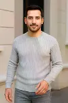 Erkek Bisiklet Yuvarlak Yaka Triko Kazak Pamuklu Kalın Fitilli Dokuma, Regular Fit Uzun Kollu Kışlık Model - Gri-1