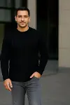 Erkek Bisiklet Yuvarlak Yaka Triko Kazak Pamuklu Kalın Fitilli Dokuma, Regular Fit Uzun Kollu Kışlık Model - Siyah-3